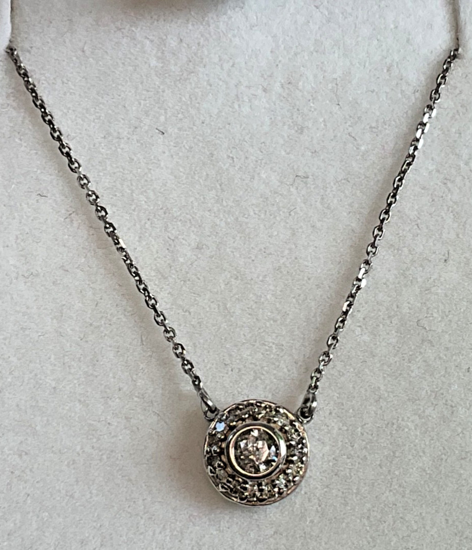 14k Diamond Halo Pendant Necklace – Bezel Set Center Stone, Pave Surround