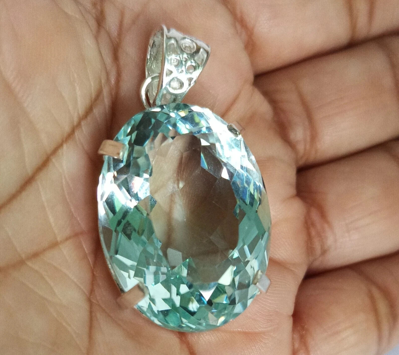 Natural 130 Ct+ Brazilian Oval AQUAMARINE Topaz Pendant 925 Silver Gemstone