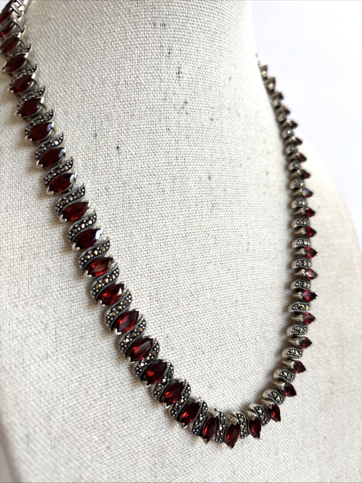Vintage sterling silver garnet and Marcasites necklace 56 Marquise Cut Garnets