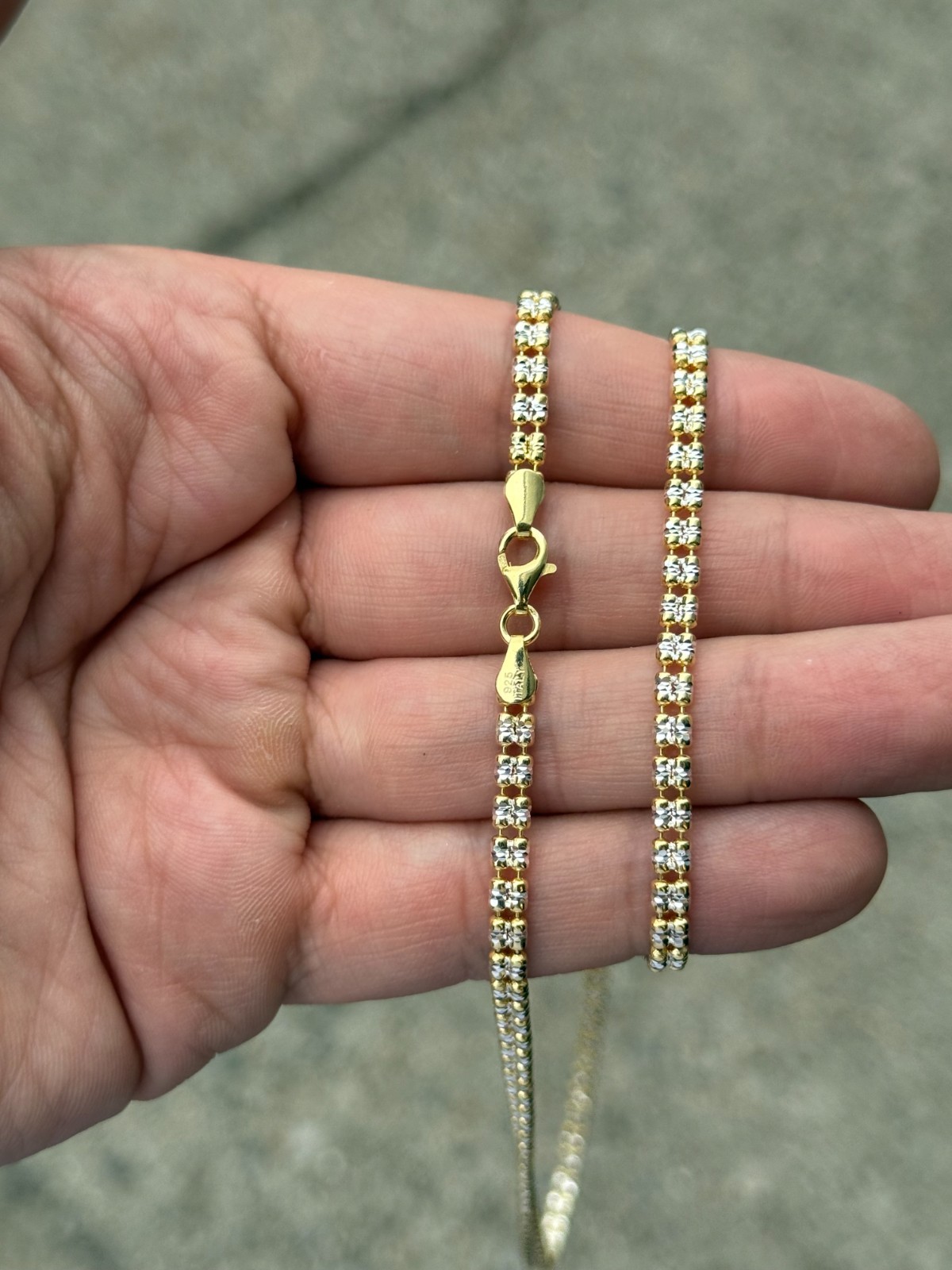 4mm 14k Yellow Gold Two-Tone Diamond-Cut Ice Link Chain 925 Sterling Silver