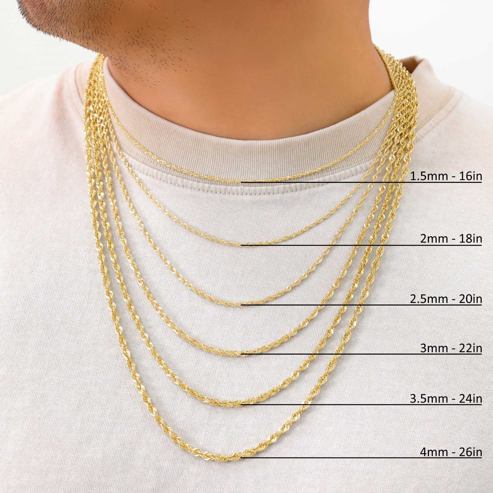 10K Yellow Gold 1mm-4mm Light Diamond Cut Rope Chain Necklace Men Women 16″- 30″