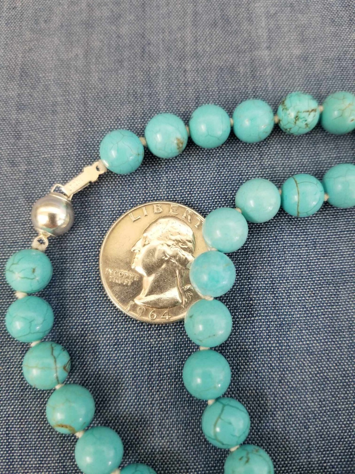 turquoise magnesite necklace, perfect round 9mm, 30″, 925 clasp