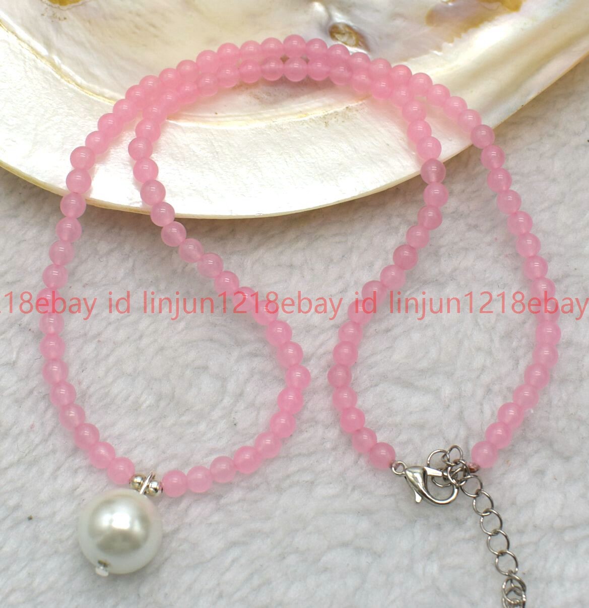 Natural 4mm Pink Jade Round Gems Bead White Shell Pearl Pendant Necklace 16-28in