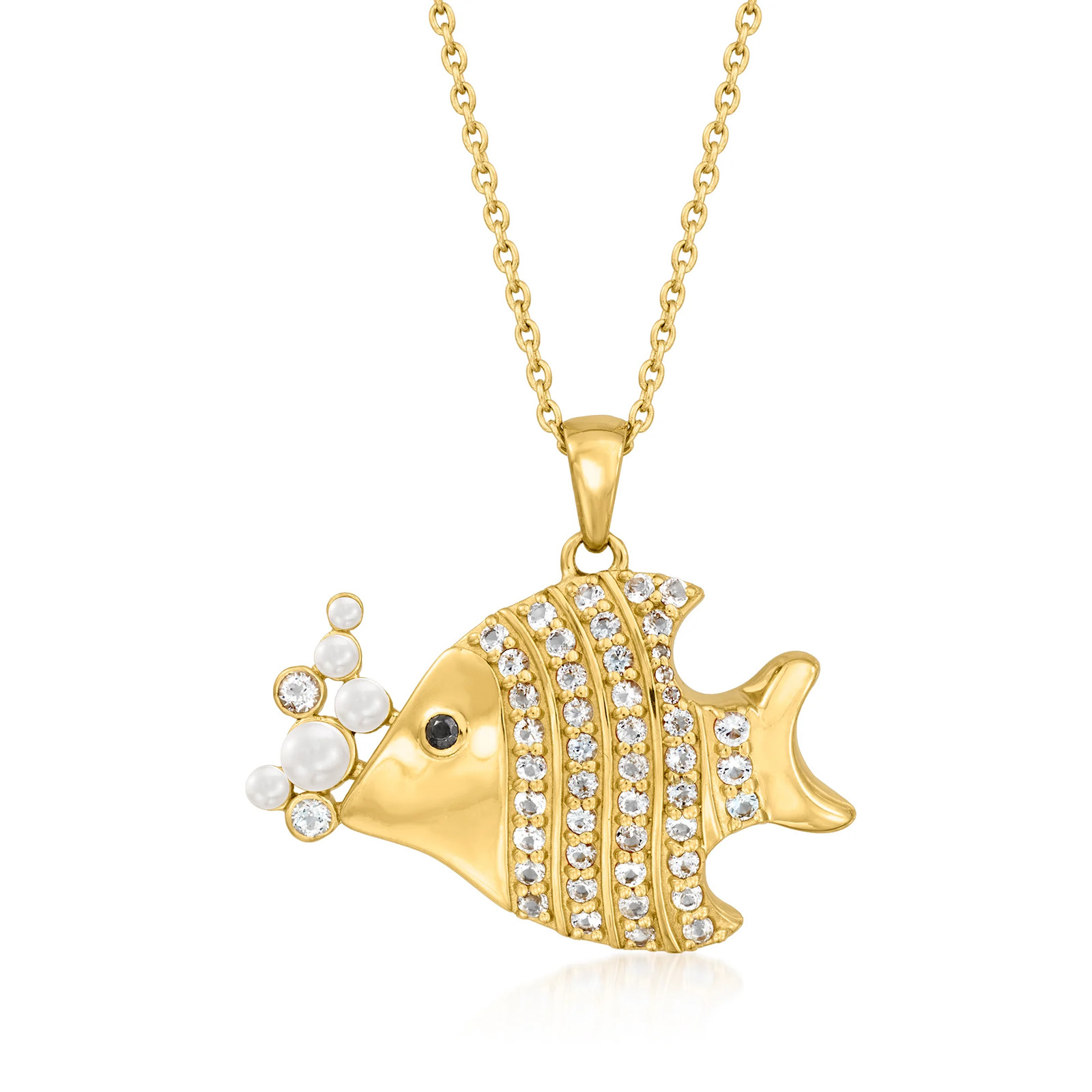 WTpz Fish Ncklc w 2-4mm Cult Pearls & Single Blck Spinel in 18k Gold Plate 20