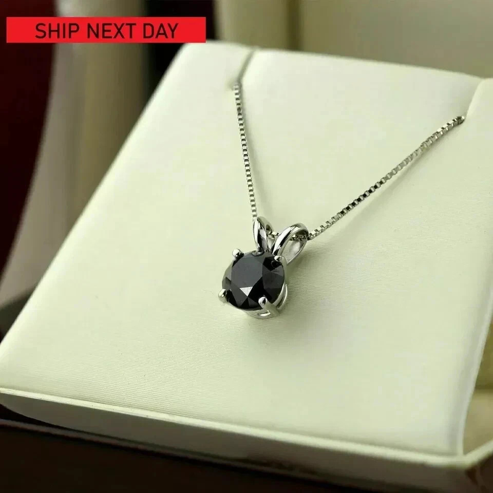 2Ct Round Lab Created Black Diamond Women Wedding Pendant 14K White Gold Plated