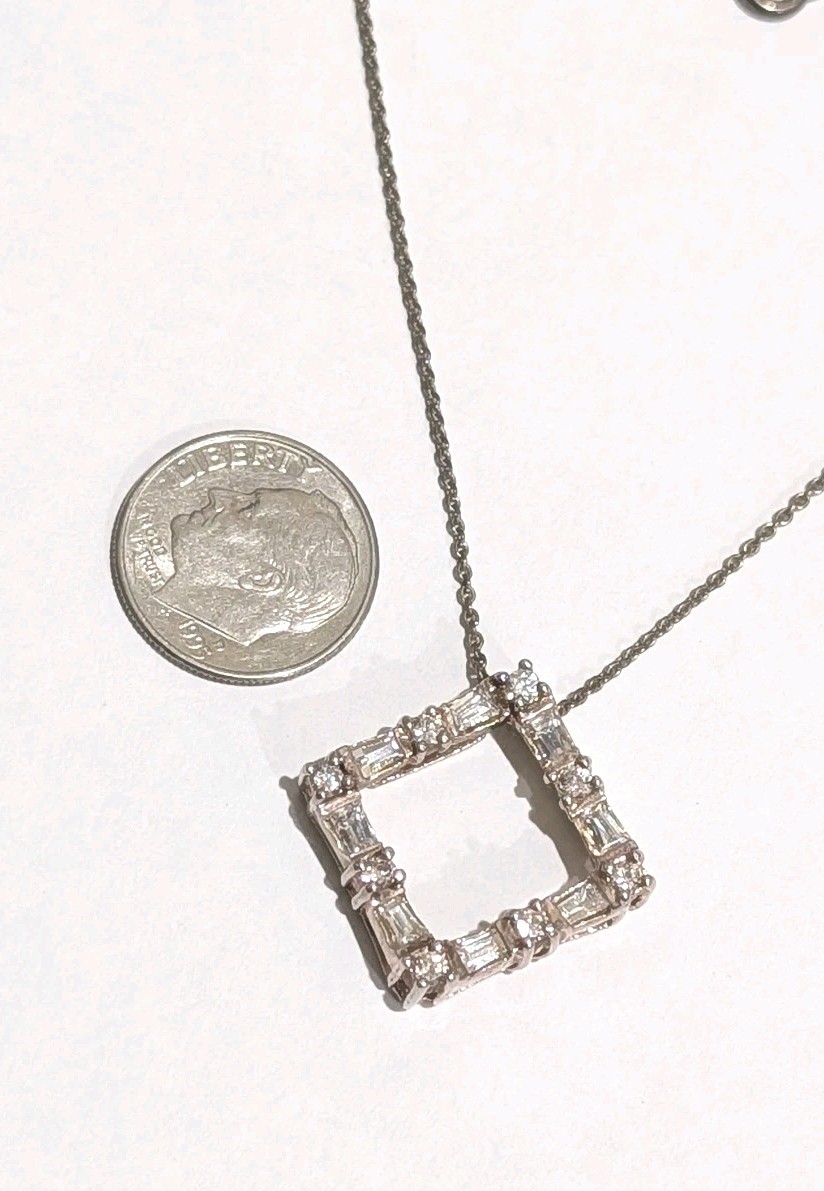 Designer Sterling Silver White Colorless Garnet Square 1″ Pendant 16.5″ Necklace