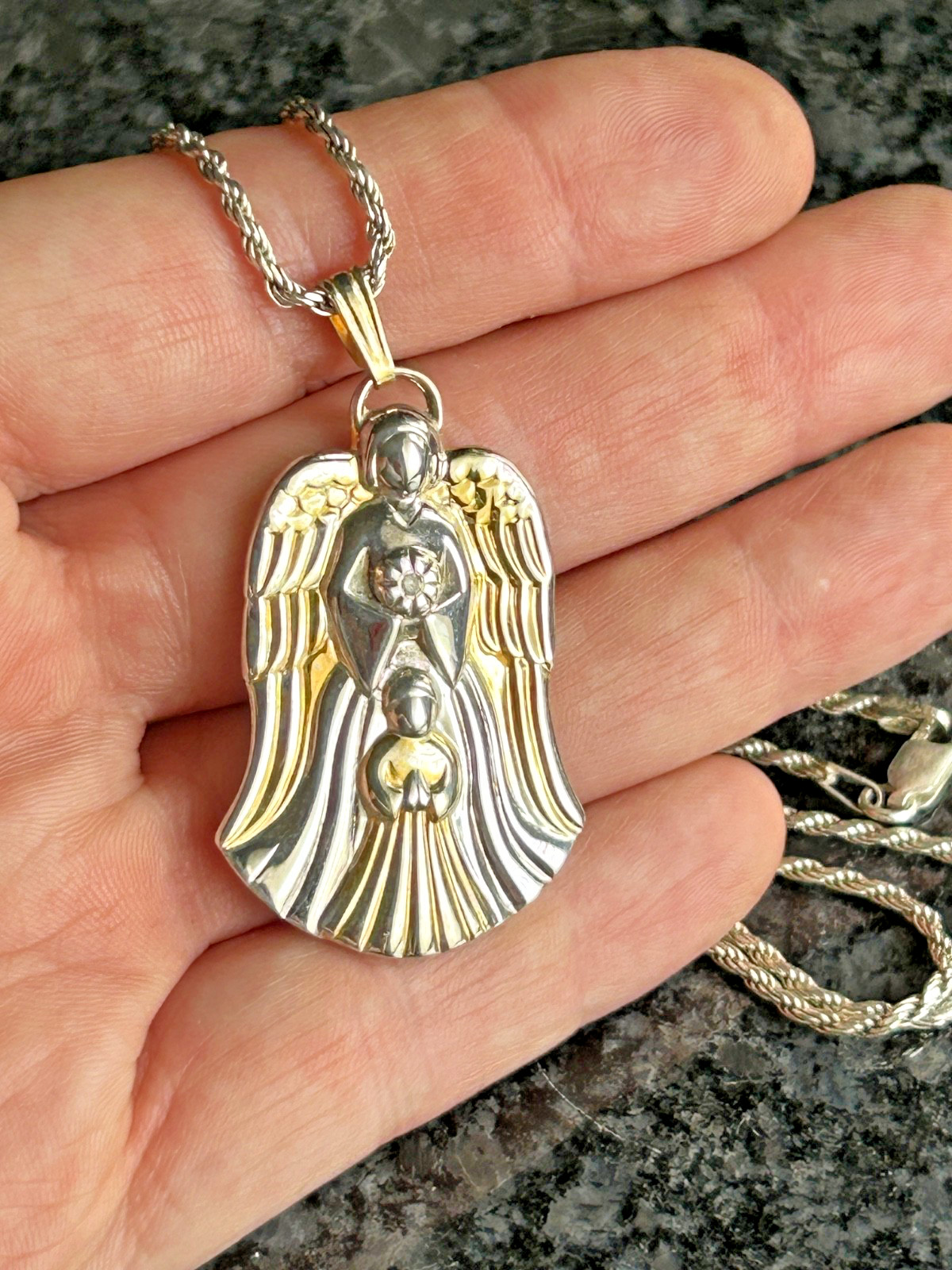 GORHAM STERLING SILVER GUARDIAN ANGEL DIAMOND ACCENT PENDANT NECKLACE 29.75 INCH