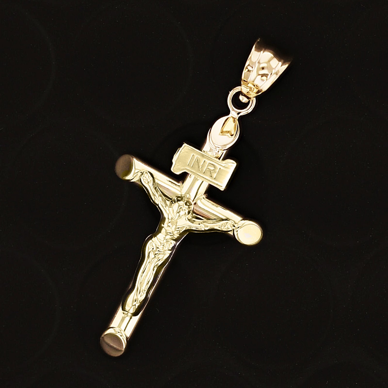 Italian 14k Yellow Gold Hollow INRI Crucifix Cross Charm Pendant 1.2″ 0.9 grams