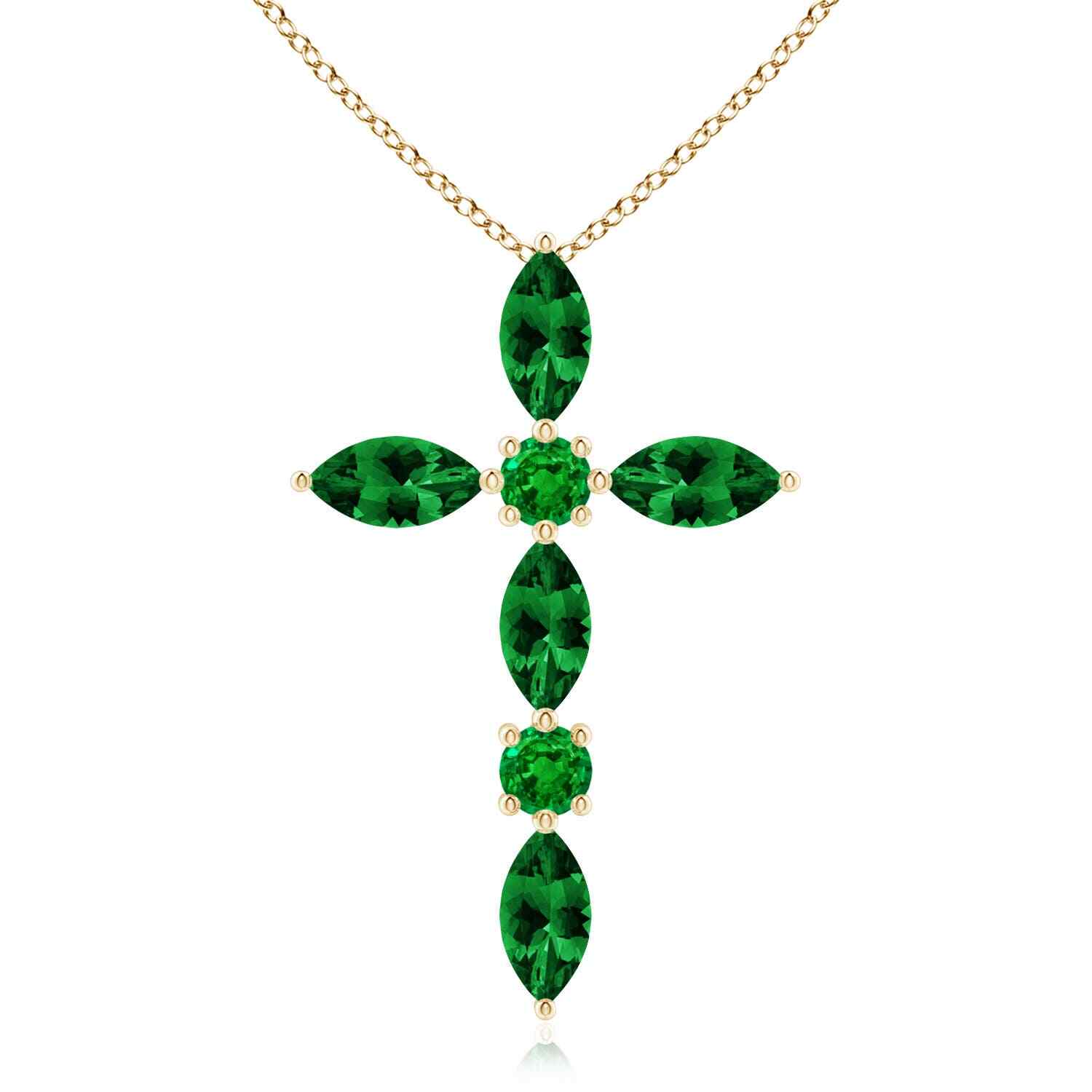 ANGARA Marquise and Emerald Cross Pendant in 14K Gold (Grade-AAAA, Size-5×2.5)