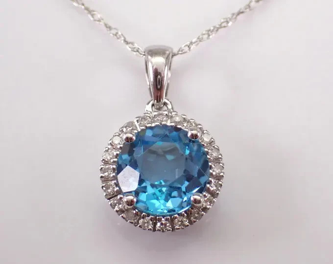 3Ct Blue Topaz Halo Cluster Pendant and chain 14K White Gold Plated 18″