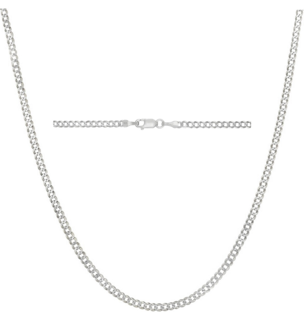 Italian Sterling Silver Curb Pave Chain Necklace 925 Silver Chain UNISEX 3.5MM