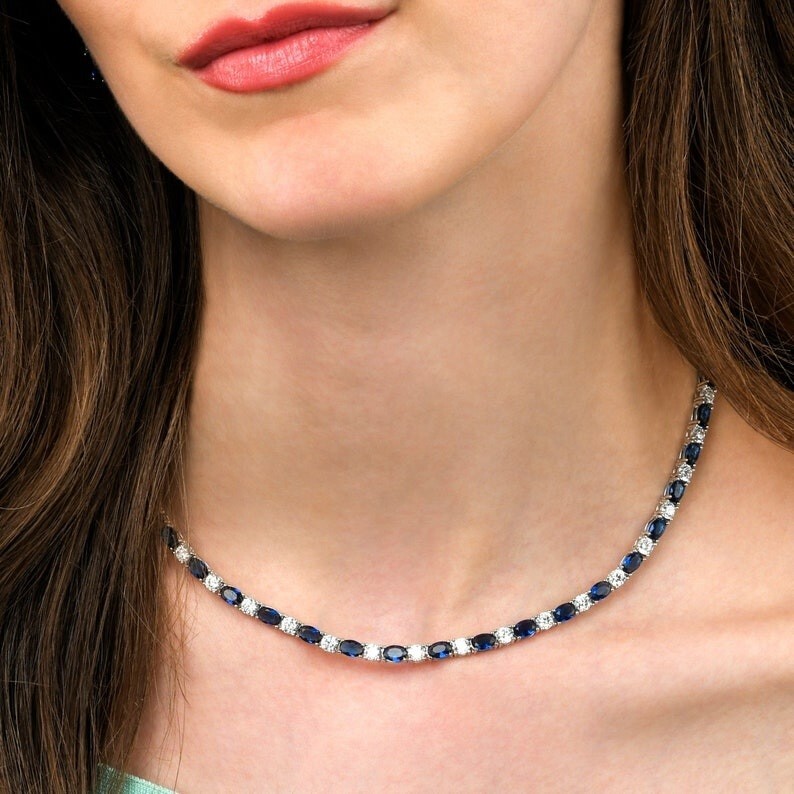 39ct Created Oval Blue Sapphire & Diamond Platinum Plated Tennis Womens Necklace
