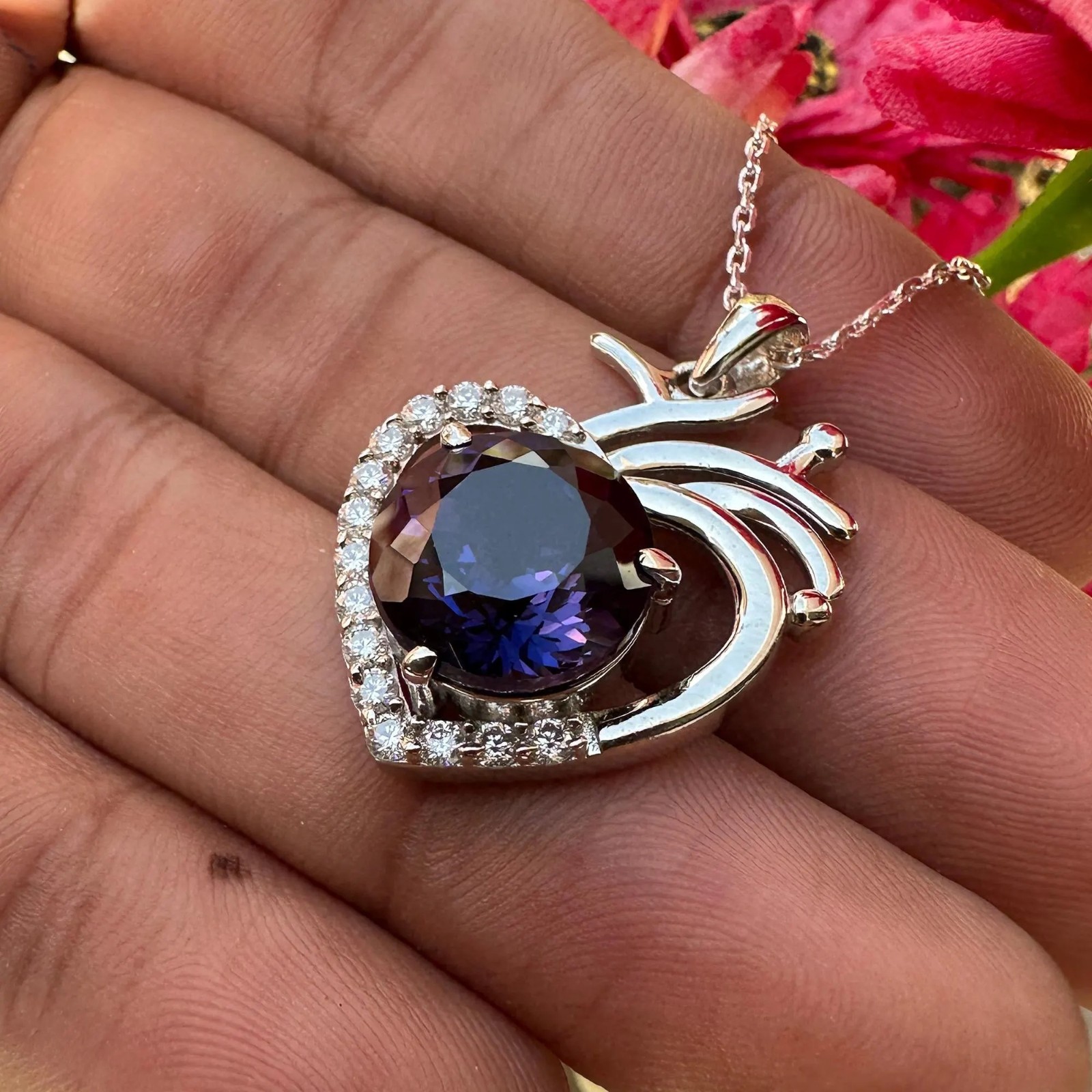 Certified Purple Sapphire 29 Ct Heart Pendant Necklace 925 Sterling Silver
