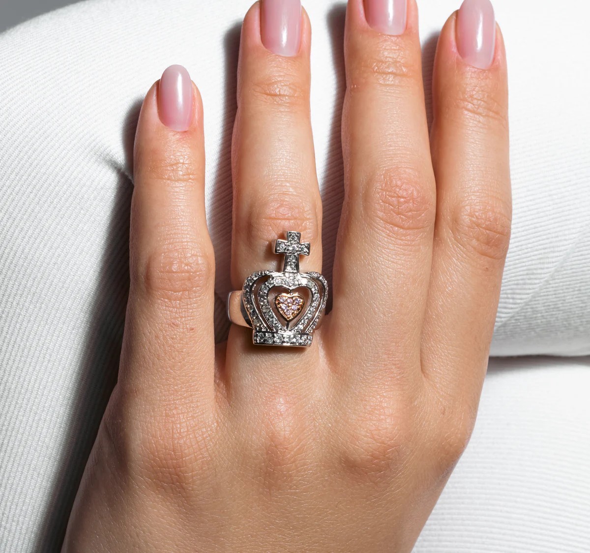 Sterling Silver 925 Rhodium Plated Pink Heart Center and Clear CZ Crown Ring