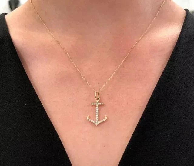 Round Cut 1.50Ct Lab Grown Diamond Anchor Women Pendant 14k Yellow Gold Plated
