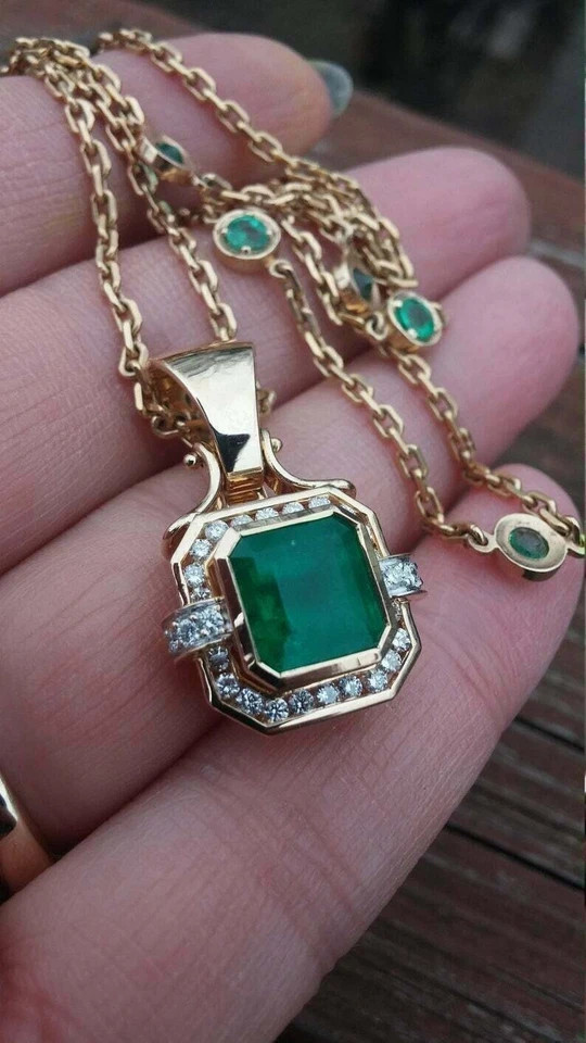 3 Ct Asscher Cut Lab Created Emerald Diamond Halo Pendant 14K Yellow Gold Finish