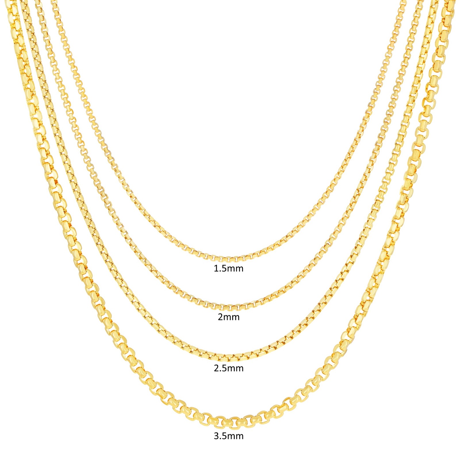 14K Yellow Gold 1.5mm-3.5mm Venetian Round Box Chain Necklace Men Women 16″- 30″
