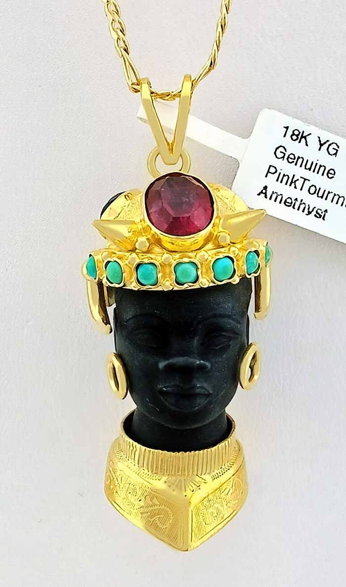 GENUINE PINK TOURMALINE, TURQUOISE & AMETHYST PENDANT SOLID 18k GOLD – NWT