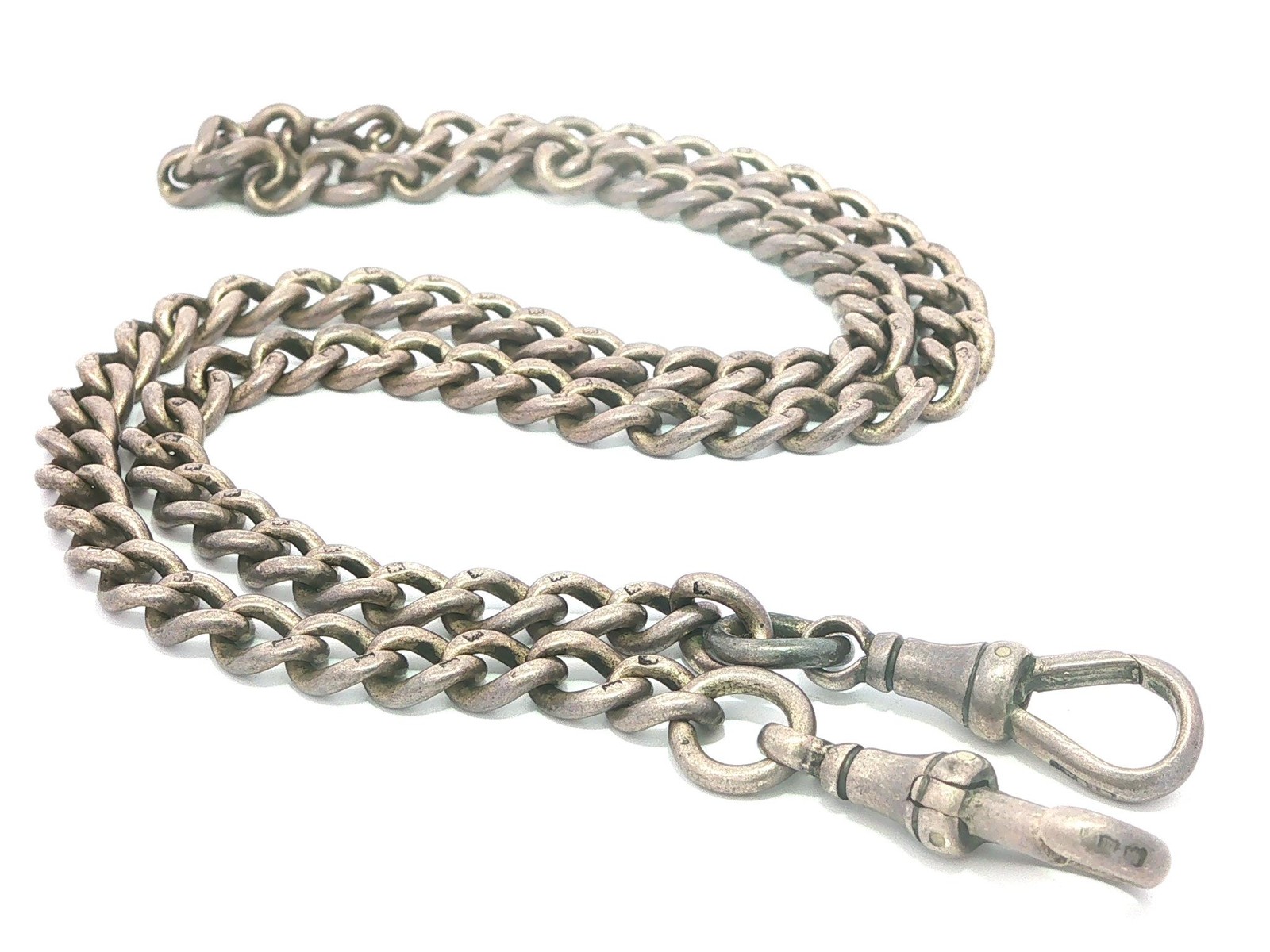 Antique Silver 19.5″ Curb Cuban Link Watch Chain Necklace w/ 2 Dog Clip