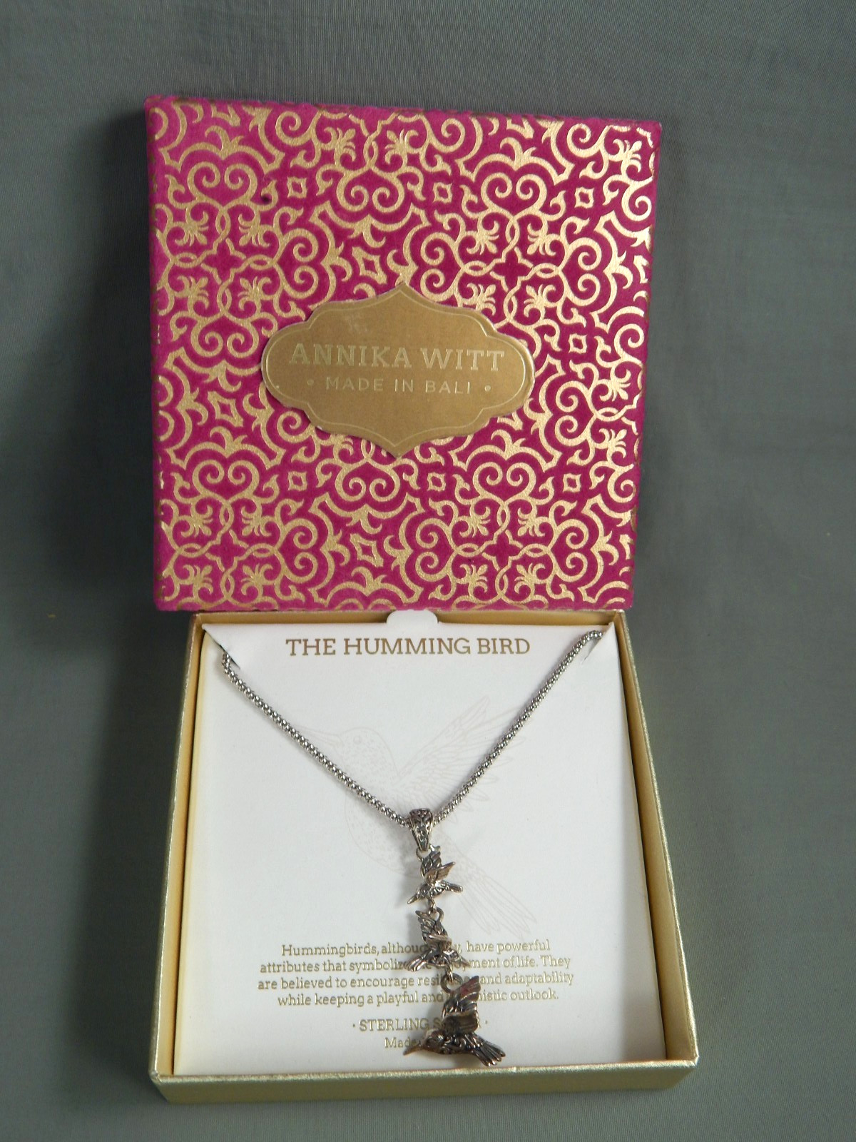 Annika Witt Sterling Hummingbird Dangle Drop Pendant Necklace 18″ adj w/ Box