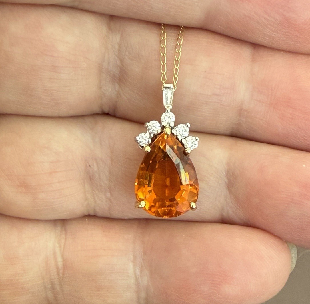 14K Yellow White Gold Pear Cut Madeira Citrine Baguette Round Diamond Pendant