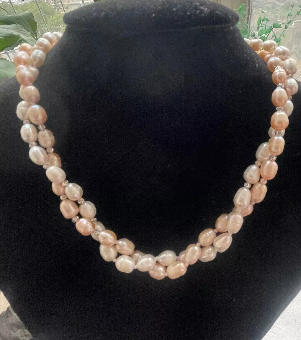 2 Strands Natural Rice White Pink Akoya Pearl Beads Necklace 17″ 14k Gold P