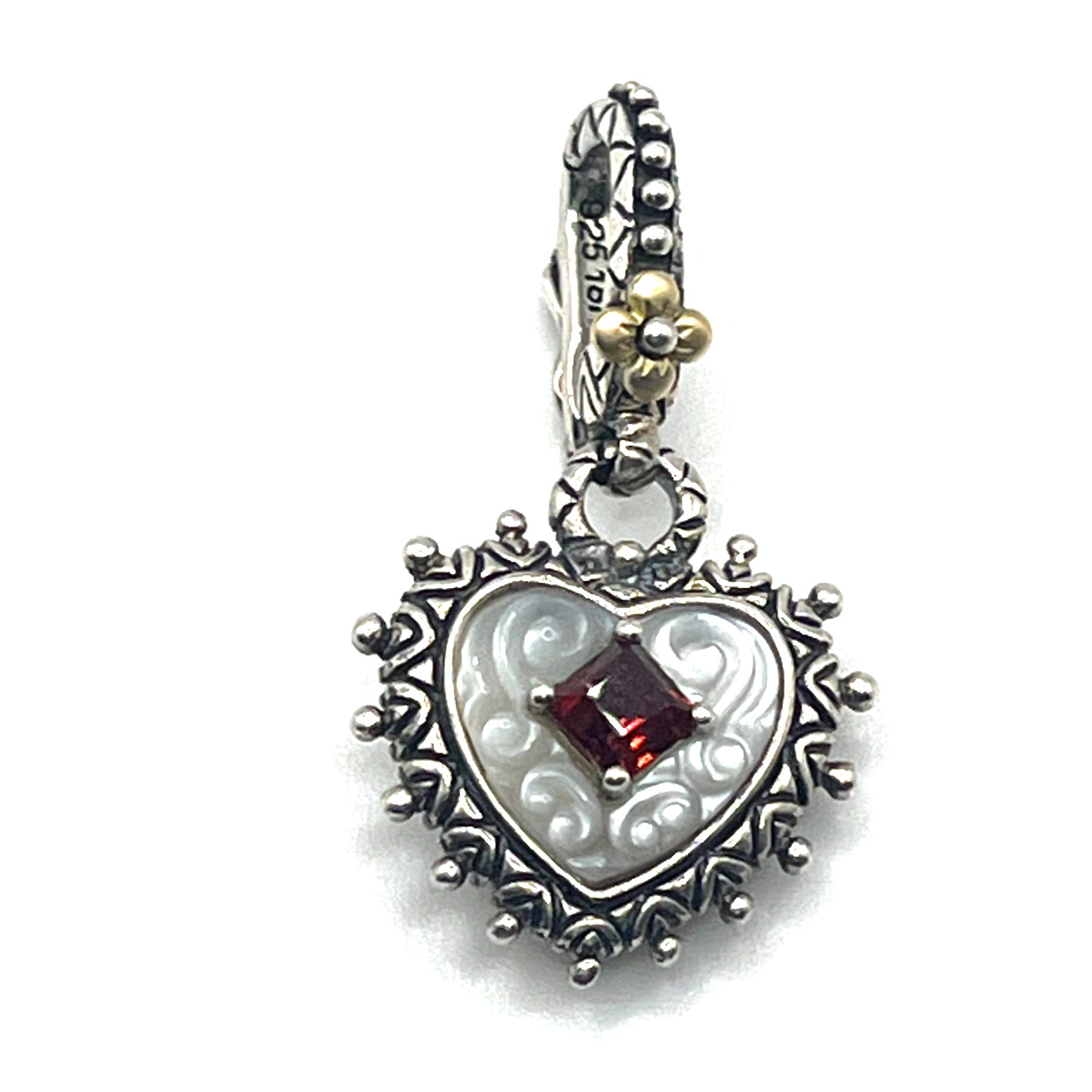 Barbara Bixby Charm Enhancer Pendant Heart Carved MOP Garnet Sterling 925 & 18K