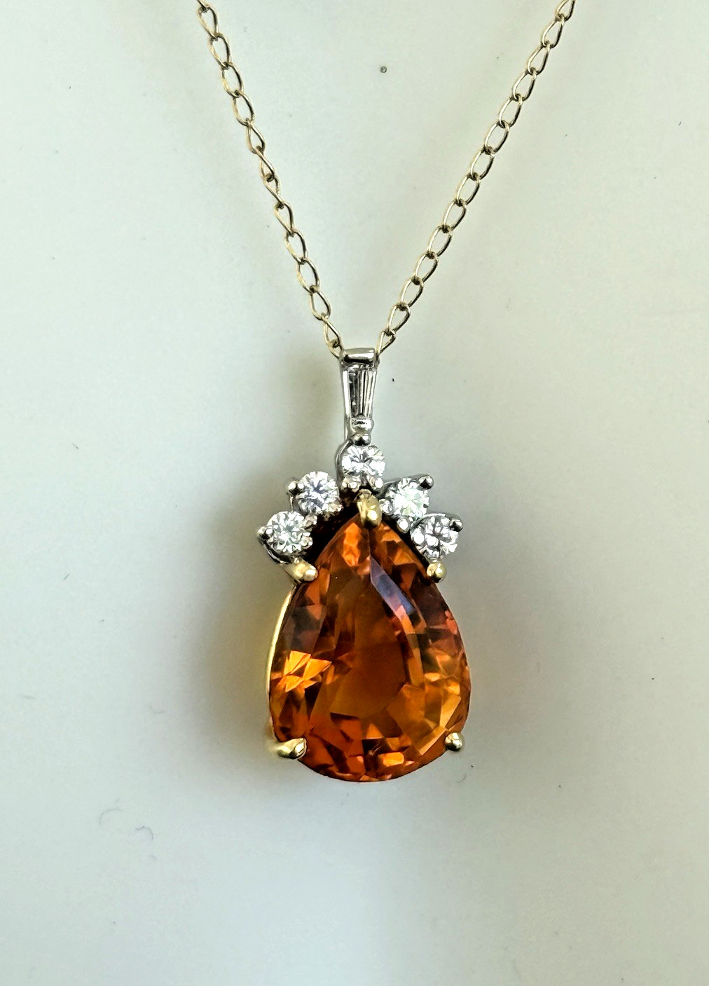 14K Yellow White Gold Pear Cut Madeira Citrine Baguette Round Diamond Pendant