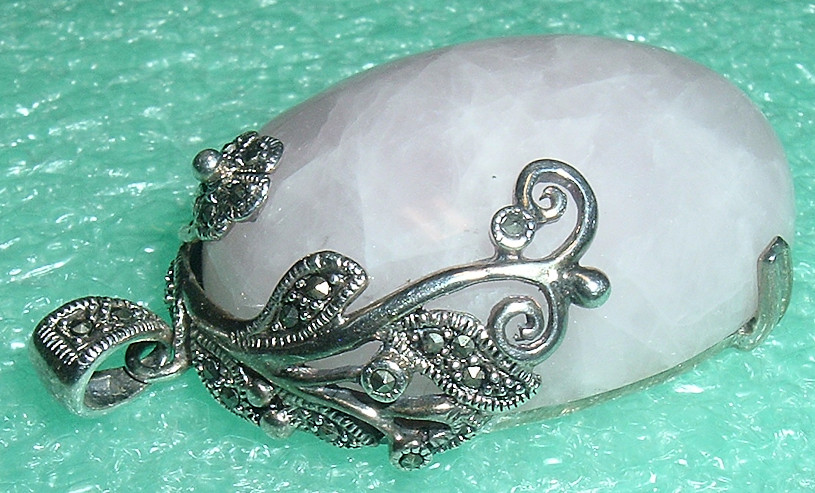 LARGE Vintage Rose QUARTZ & STERLING n MARCASITE Flowers PENDANT DROP *Fine