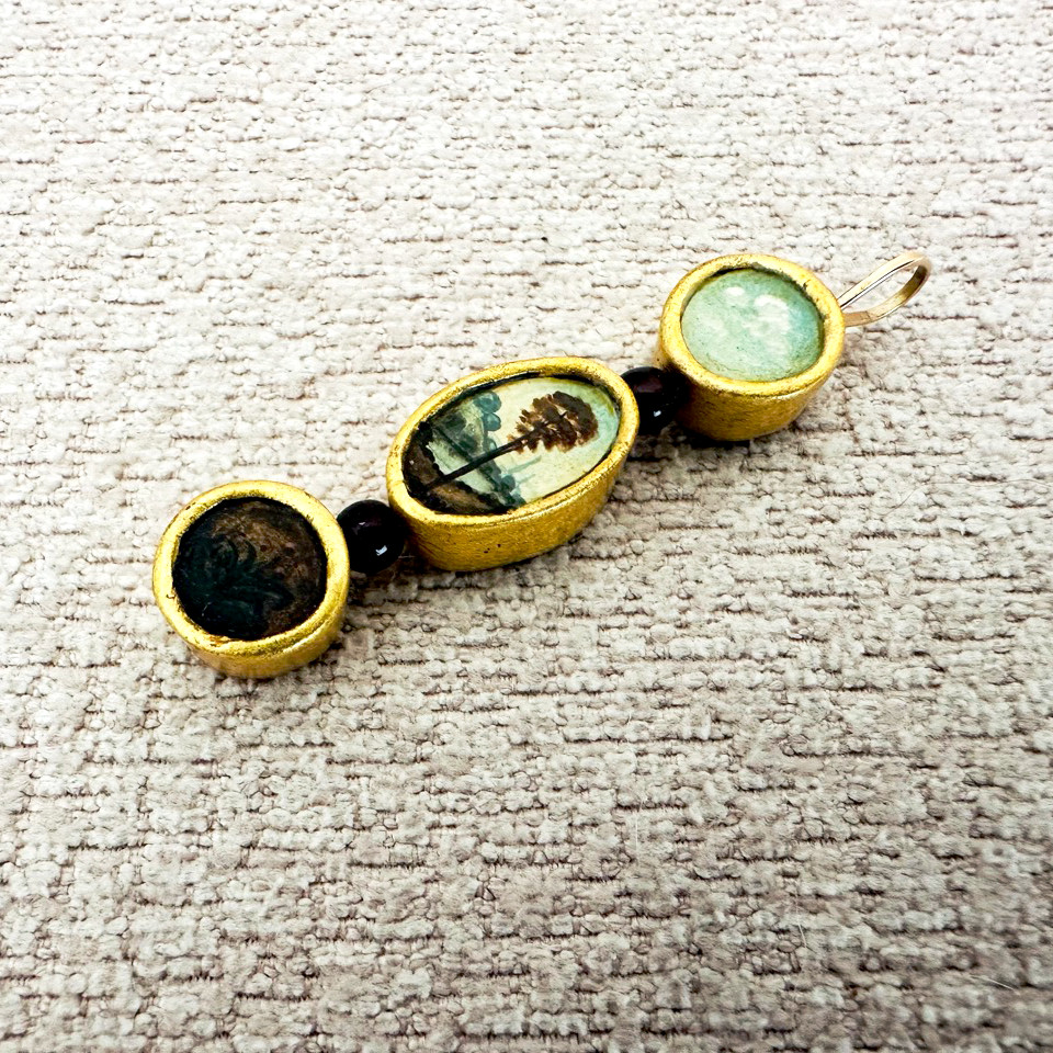 Christina Goodman Hand Painted Miniature Pendant Gold Leaf Bezels & Garnet Beads