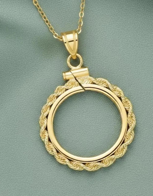 38mm Coin Bezel Pendant Rope Soldered Bail 14K Gold Plated Sovereign Holder