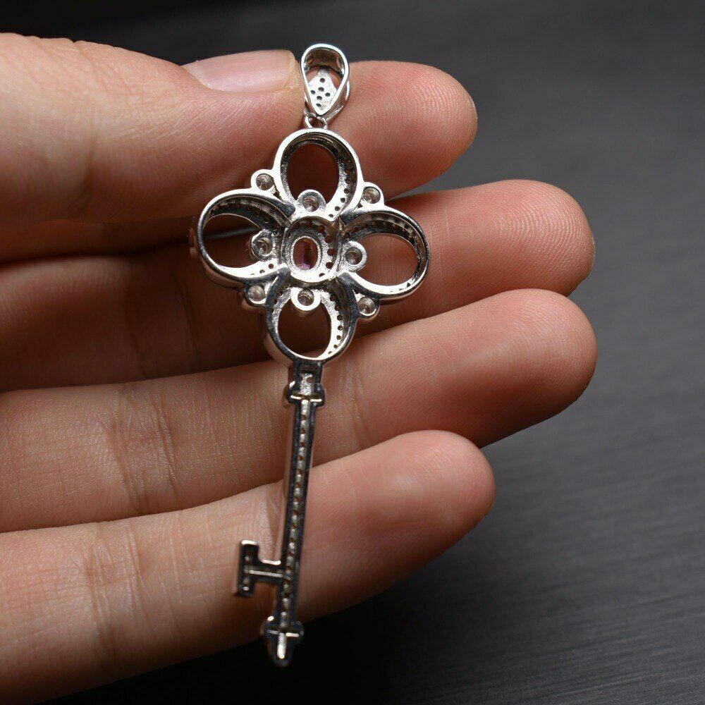 1Ct Round Cut Pink Sapphire Key Shape Pendant 14K White Gold Finish Free Chain