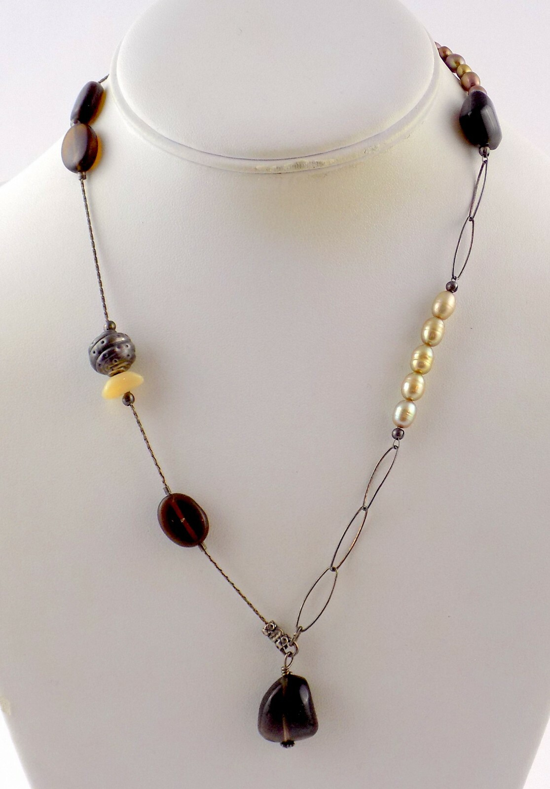 Sterling Silver Smoky Quartz Agate and Pearl Beaded Necklace 925 19.3g 18 Inches