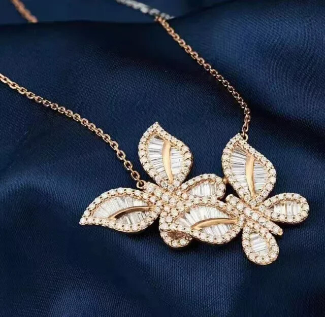 2.30Ct Round Cut Real Moissanite Double Butterfly Pendant 14K Rose Gold Plated