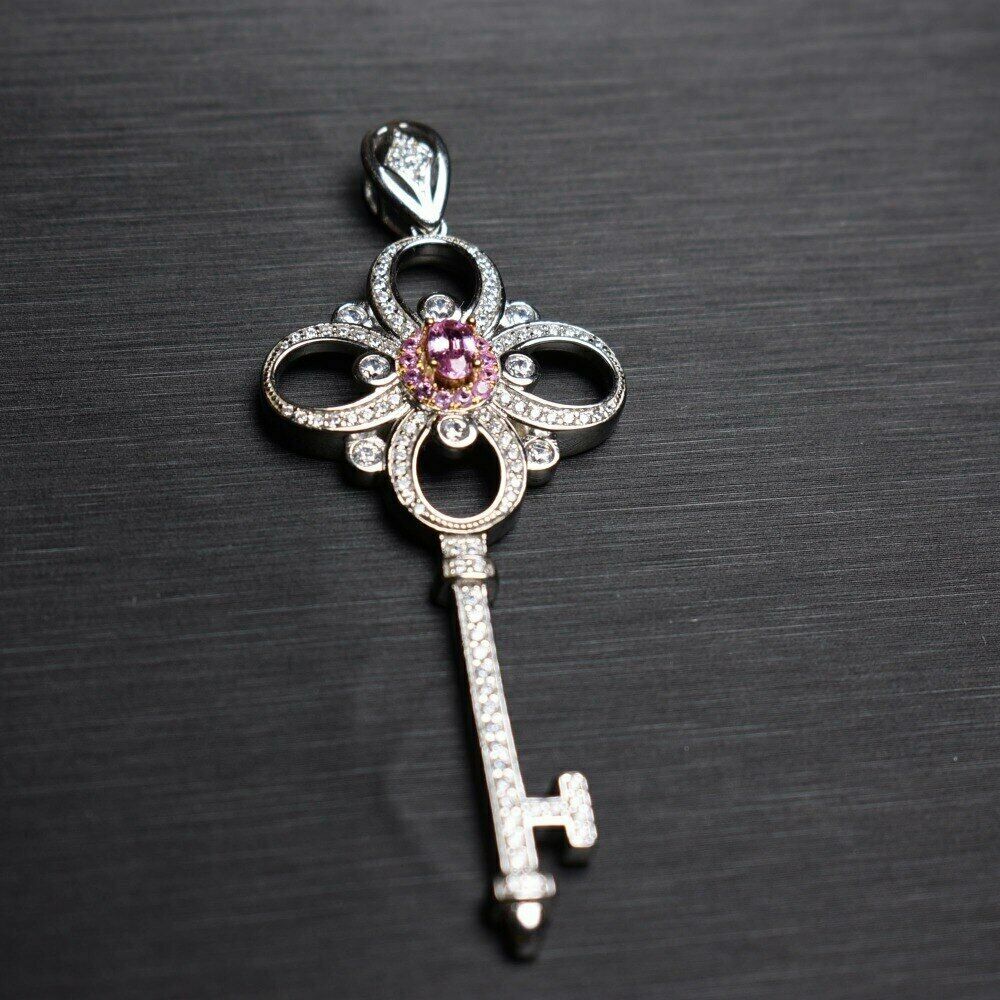 1Ct Round Cut Pink Sapphire Key Shape Pendant 14K White Gold Finish Free Chain
