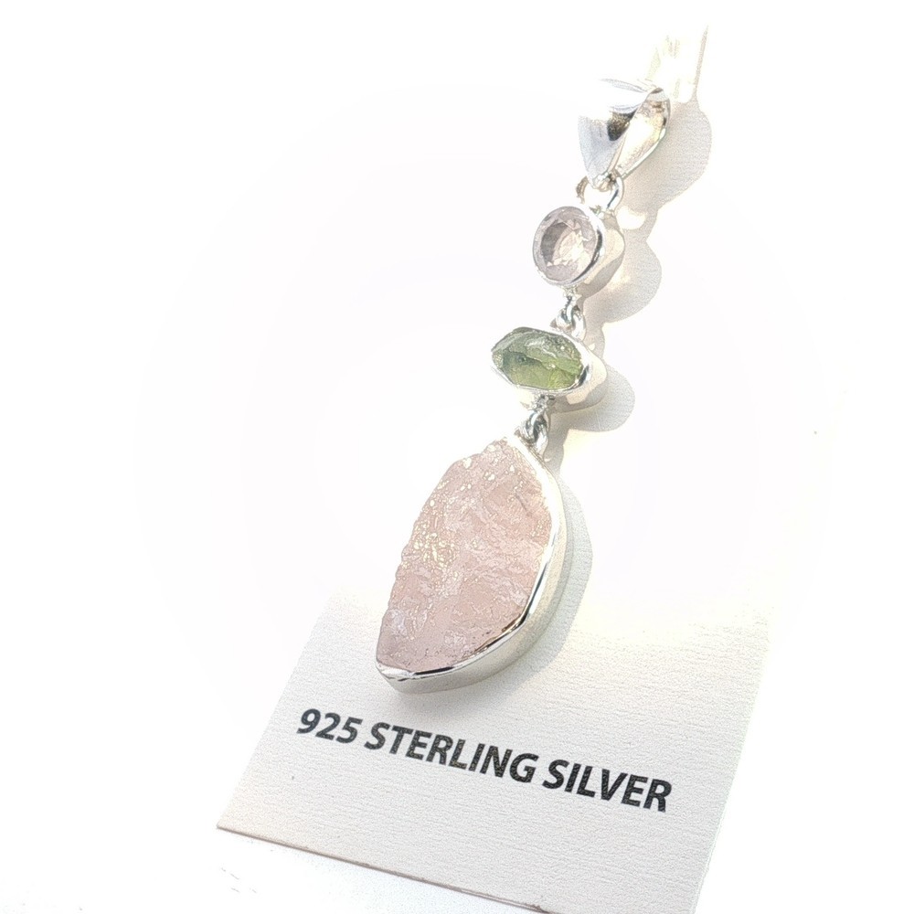 925 Sterling Silver Rose Quartz & Green Peridot Dangle Pendant