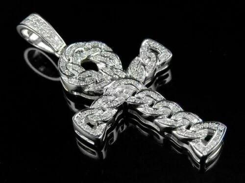 2Ct Round Cut Diamond Cuban Link Style Ankh Cross Pendant 14k White Gold Finish