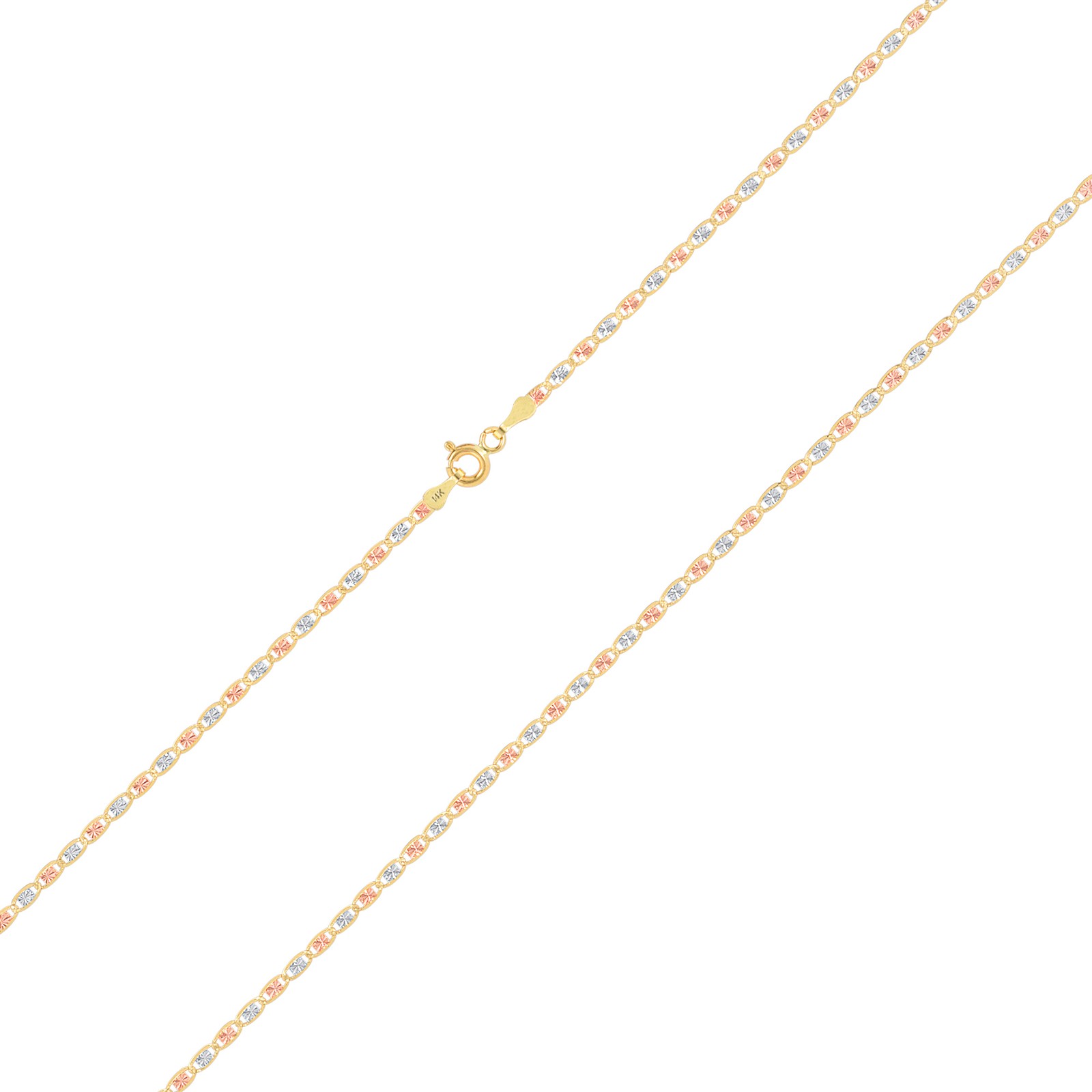 14K Solid Tri-color Yellow Rose White Gold 2mm Valentino Chain Necklace 16″- 24″