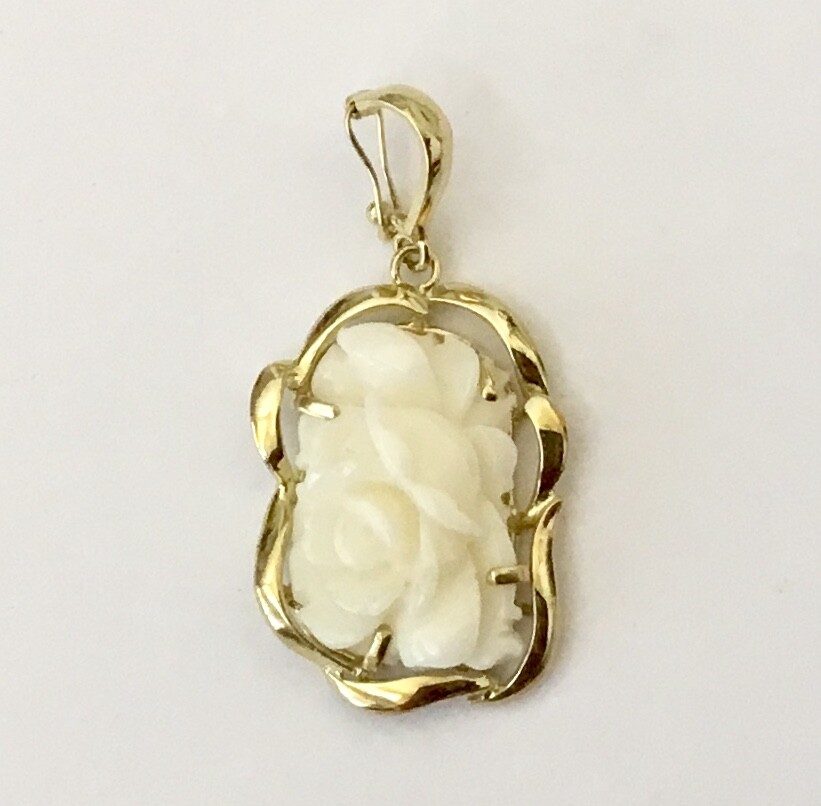 Genuine Natural White Coral Hand Carved Flower 14K Yellow Gold Pendant Enhancer