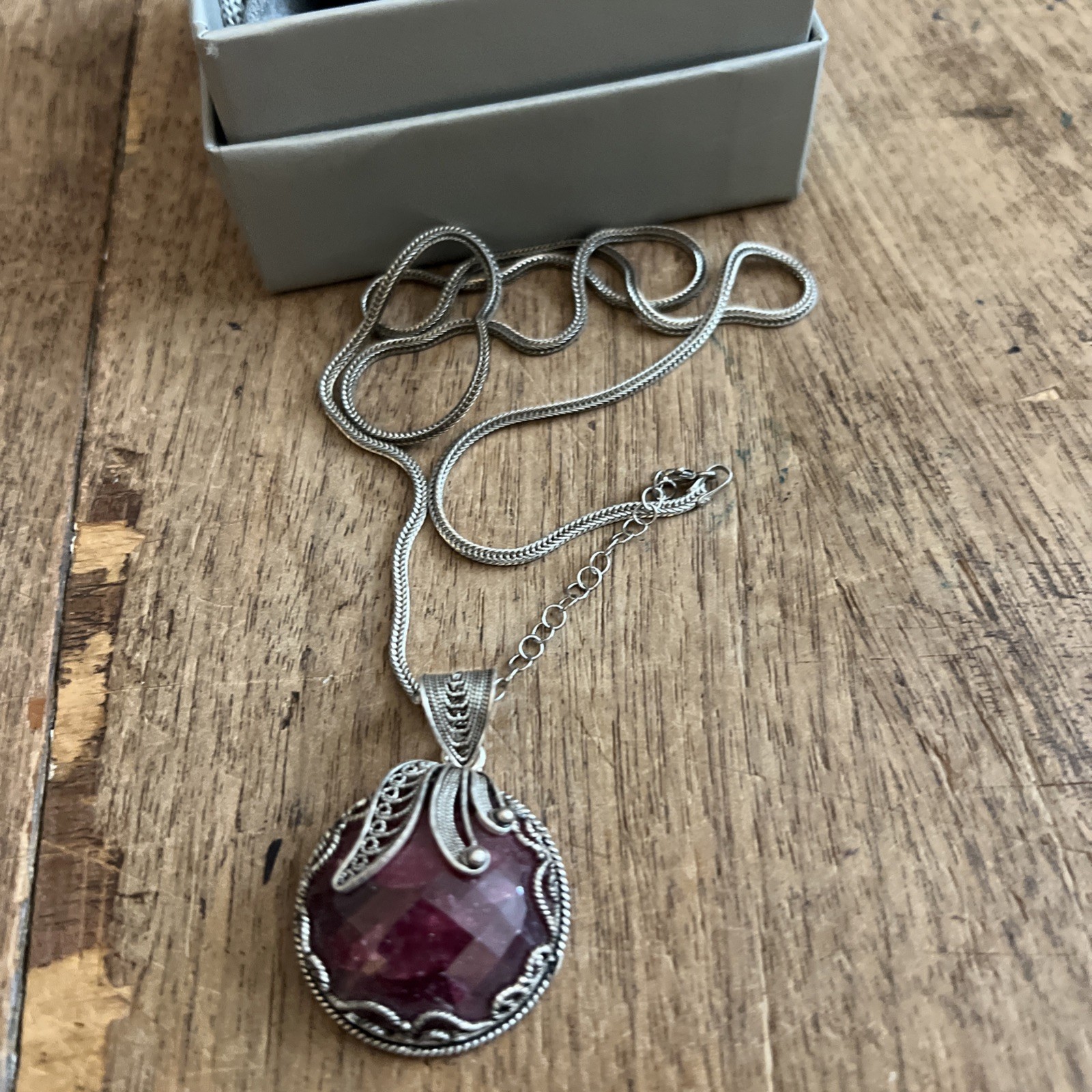 DGS Turkey Sterling Silver Necklace and Red Faceted Stone Ruby? Pendant #JA62