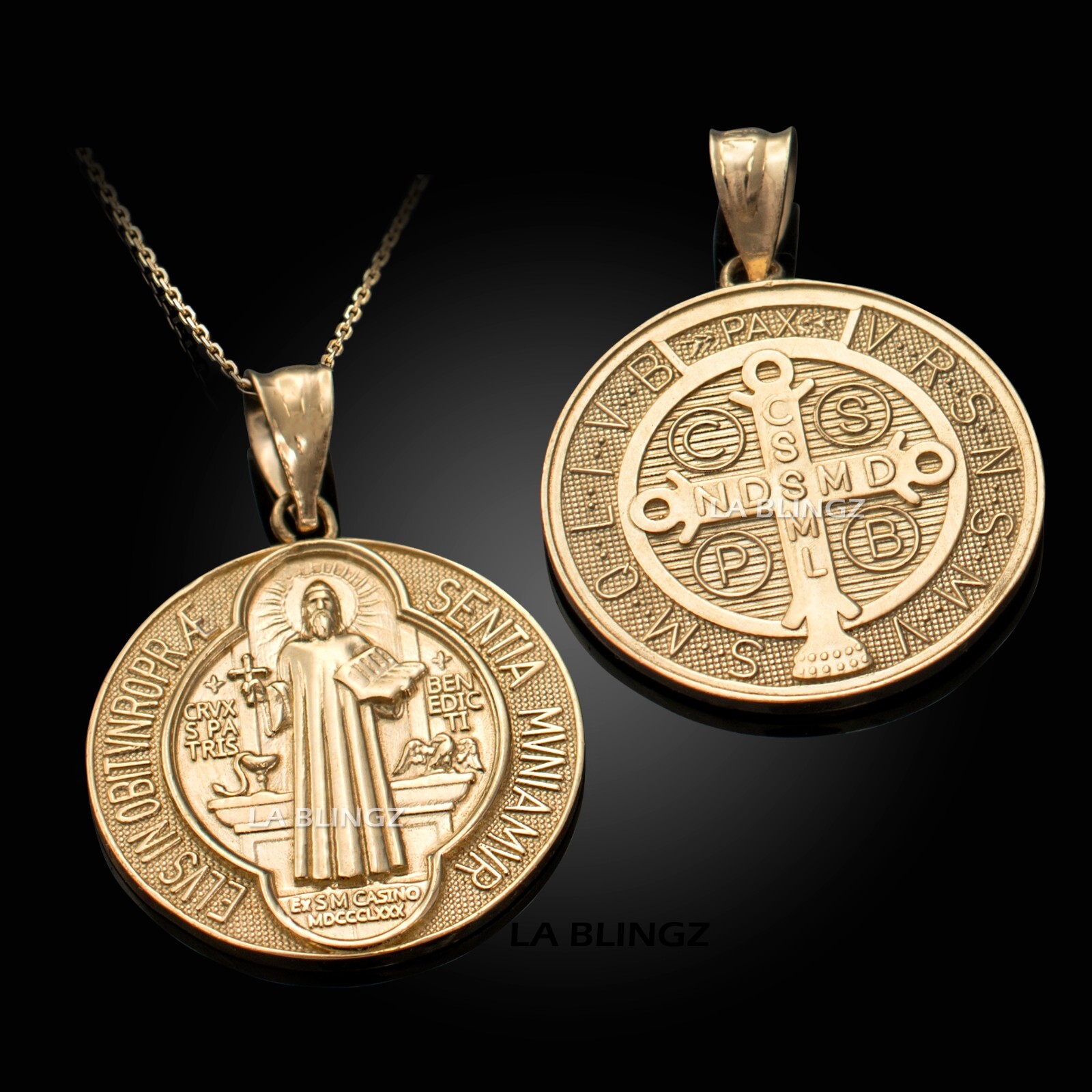 Gold Saint Benedict Medal Reversible Pendant Necklace – 10k & 14k Yellow, White