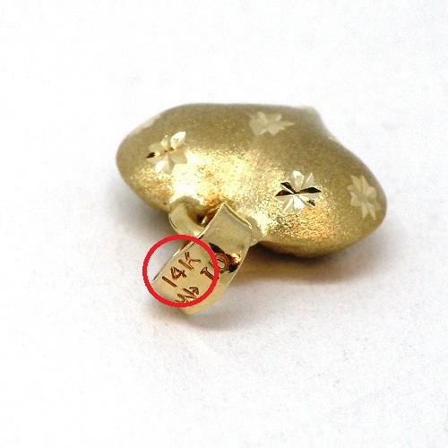 14K Yellow Gold Satin Puffed Heart Charm with Diamond Cut Stars Pendant 3D