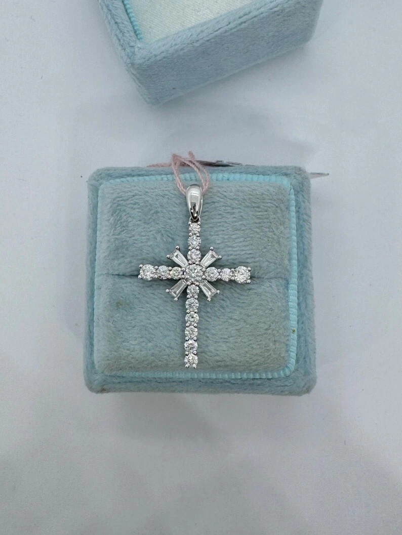 1.10Ct Round Cut Real Moissanite Women’s Cross Pendant 14K White Gold Plated