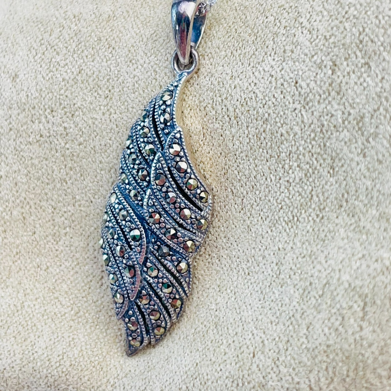 Marcasite Sterling Silver Angel Wing Pendant and Chain JTV Tillya Treasures