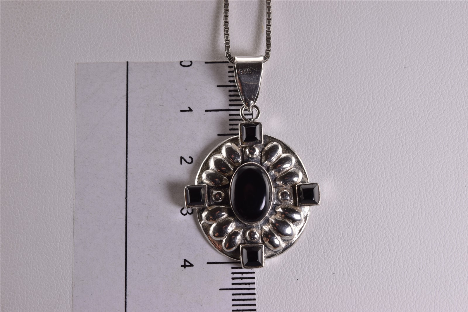 Sterling Silver 33mm x 28mm Black Onyx Accented Shield 925 Pendant 20″ Chain