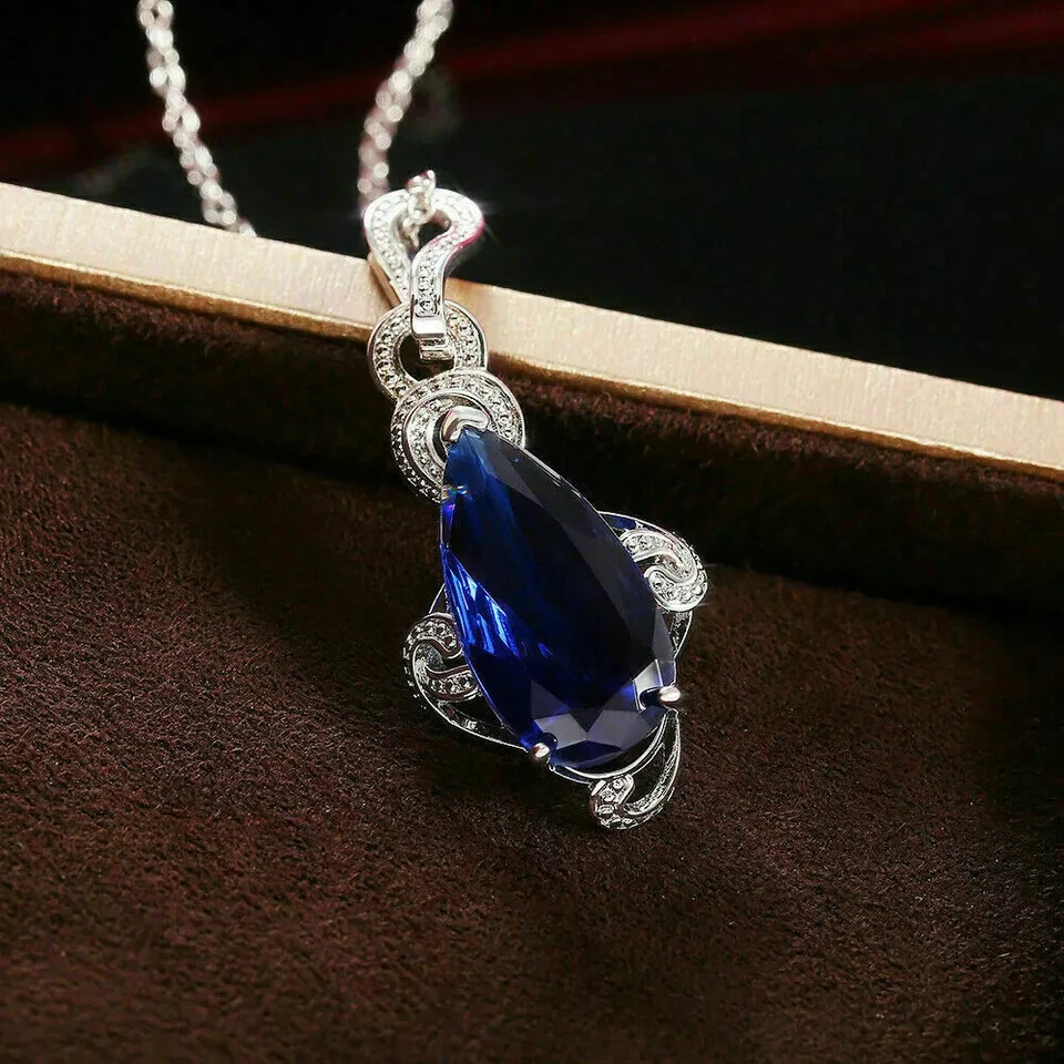3Ct Pear Cut Blue Sapphire Diamond Teardrop Pendant 14K White Gold FN Free Chain