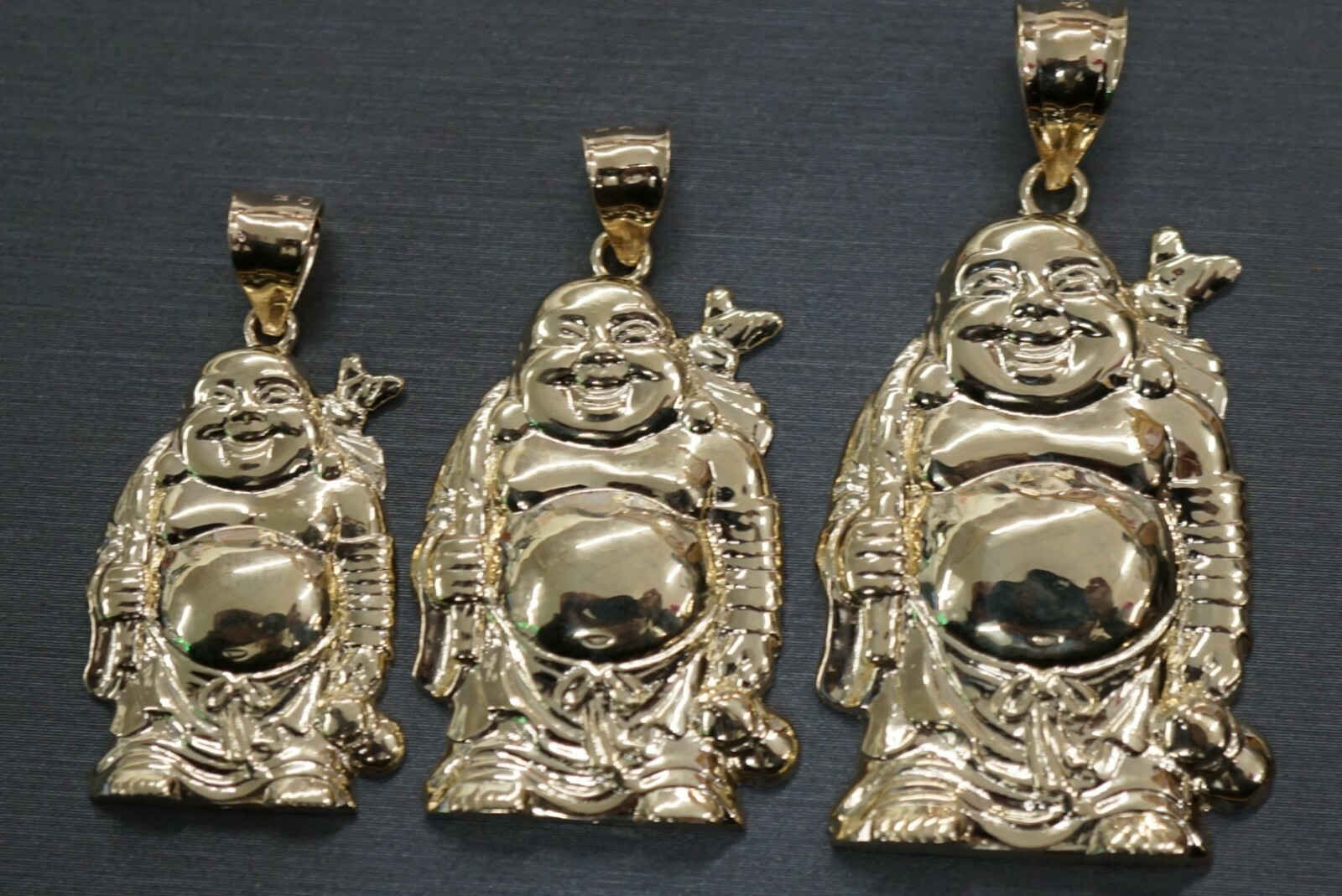 10K Solid Yellow Gold Polished Flat Laughing Buddha Charm Pendant. 3 Sizes