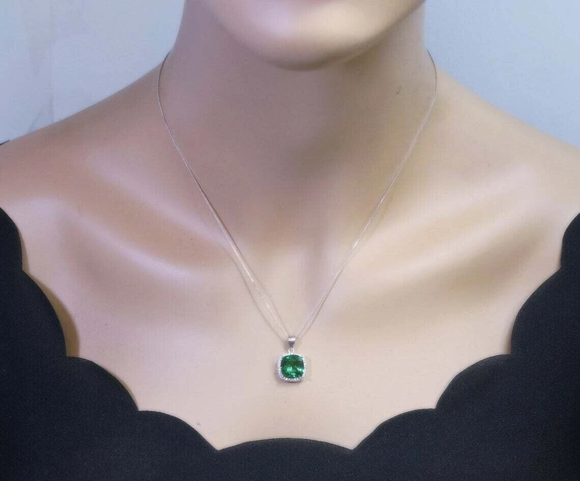 2.00Ct Cushion Cut Lab Created Emerald Halo Pendant 14K White Gold Silver Plated