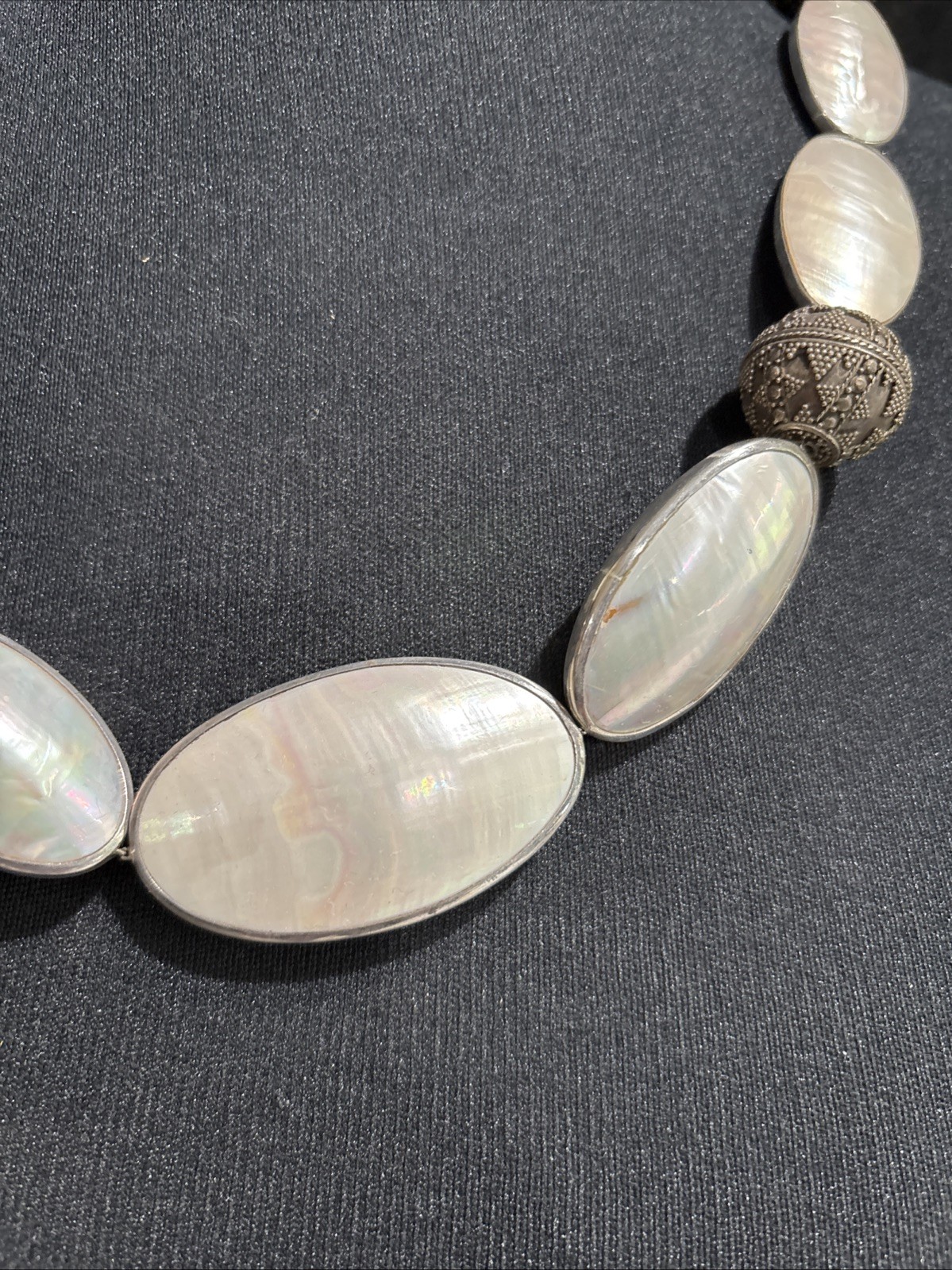 Rare Nautilus Osmena Pearl Antique 925 Silver Necklace 70cm WhiteGray Iridescent