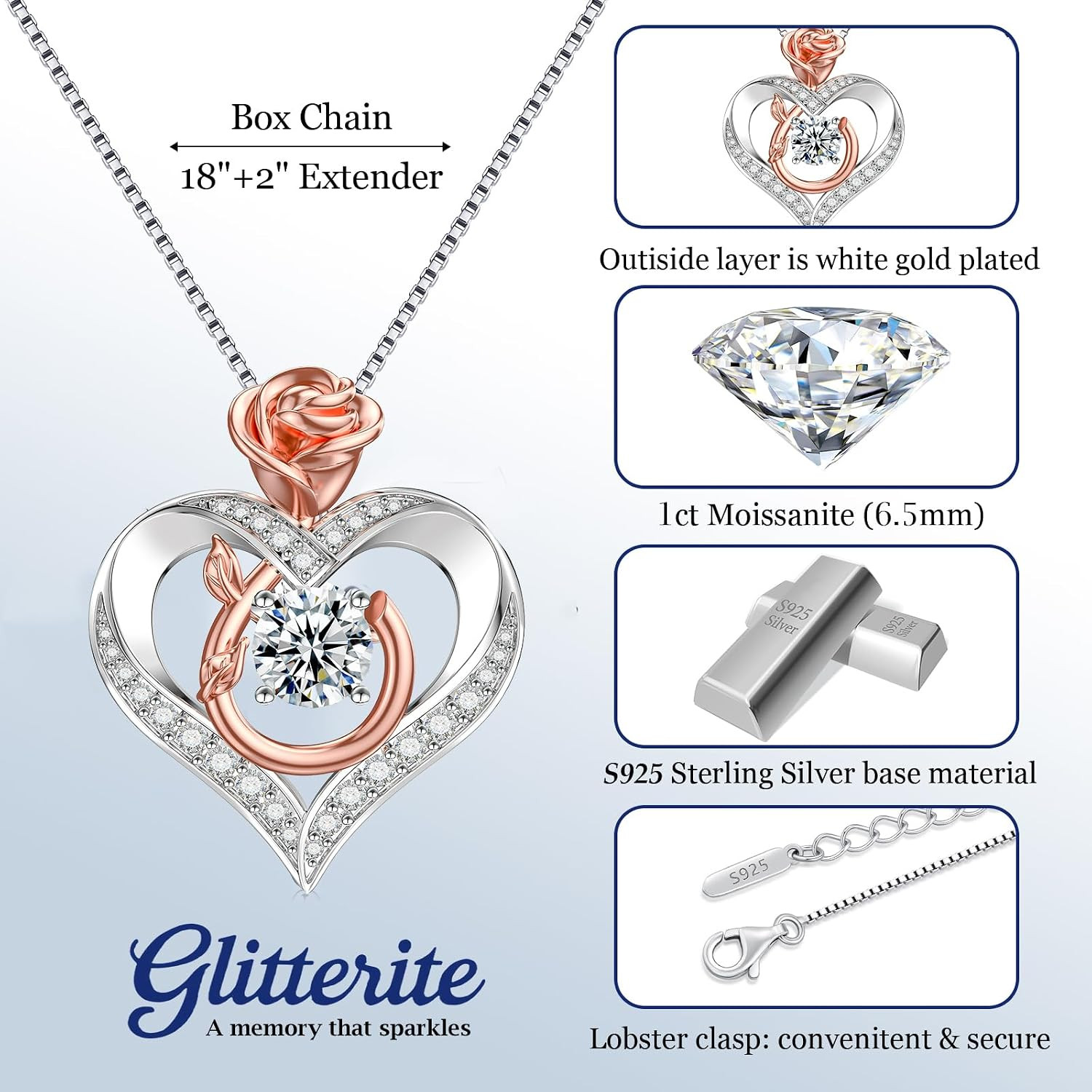 1 Carat Moissanite Necklace for Women, 925 Sterling Silver Rose Heart Pendant Ne